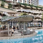 Waterfront retail promenade and cafes near crystal lagoon at 350 Riverside Crescent, Sobha Hartland II, Dubai