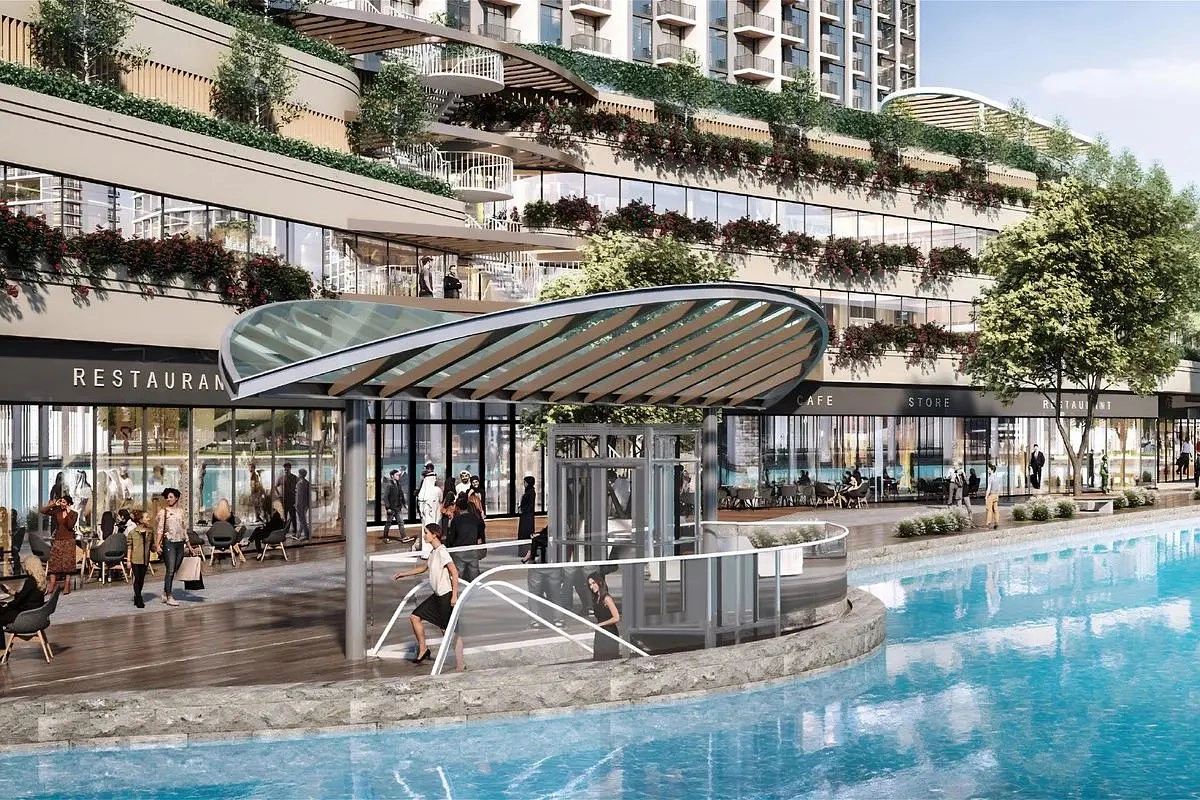 Waterfront retail promenade and cafes near crystal lagoon at 350 Riverside Crescent, Sobha Hartland II, Dubai