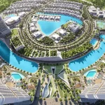 Aerial view of Sobha Hartland II master plan featuring high-rise residential towers, crystal lagoons, and villas in Dubai