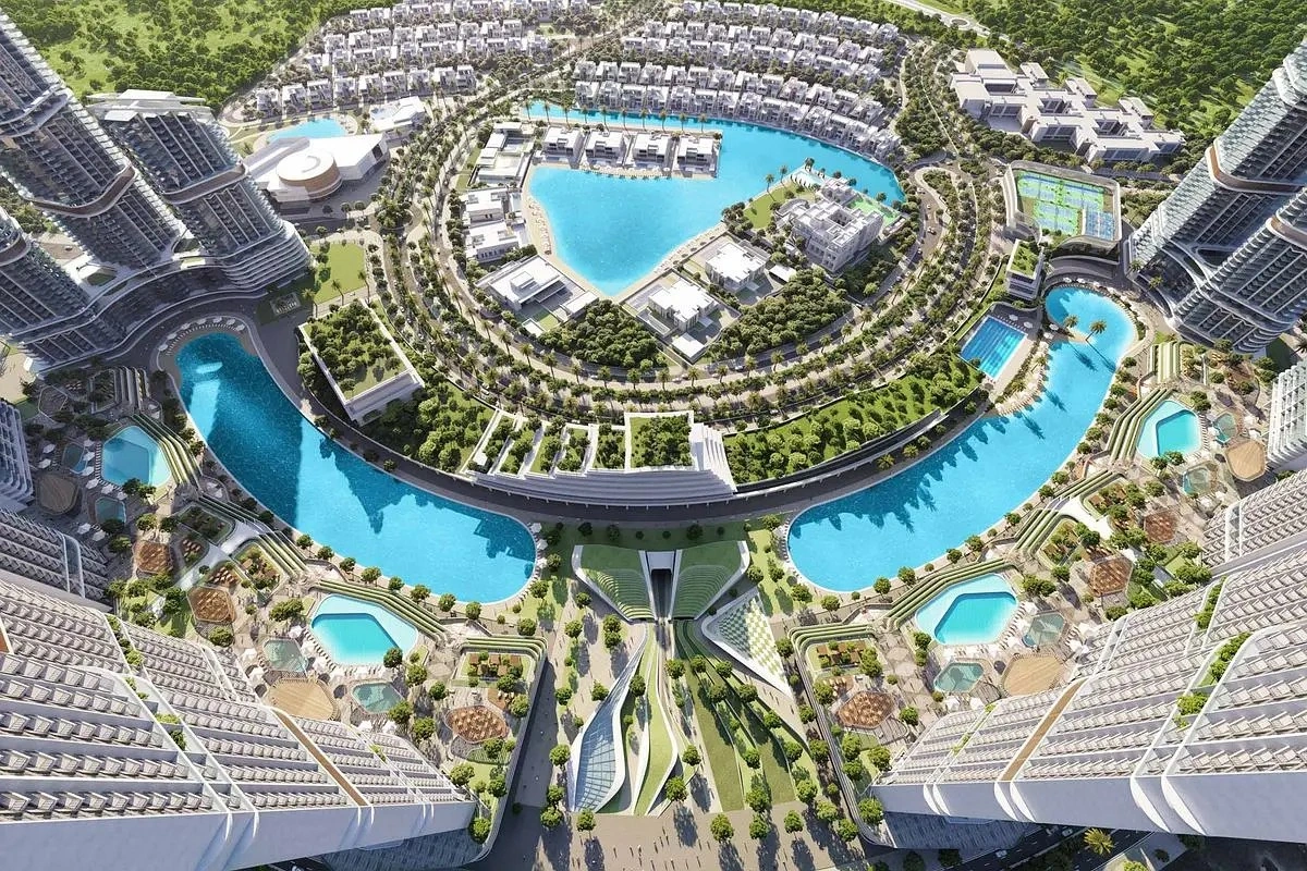 Aerial view of Sobha Hartland II master plan featuring high-rise residential towers, crystal lagoons, and villas in Dubai