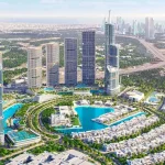Aerial view of Sobha Hartland II master plan featuring high-rise residential towers, crystal lagoons, and villas in Dubai