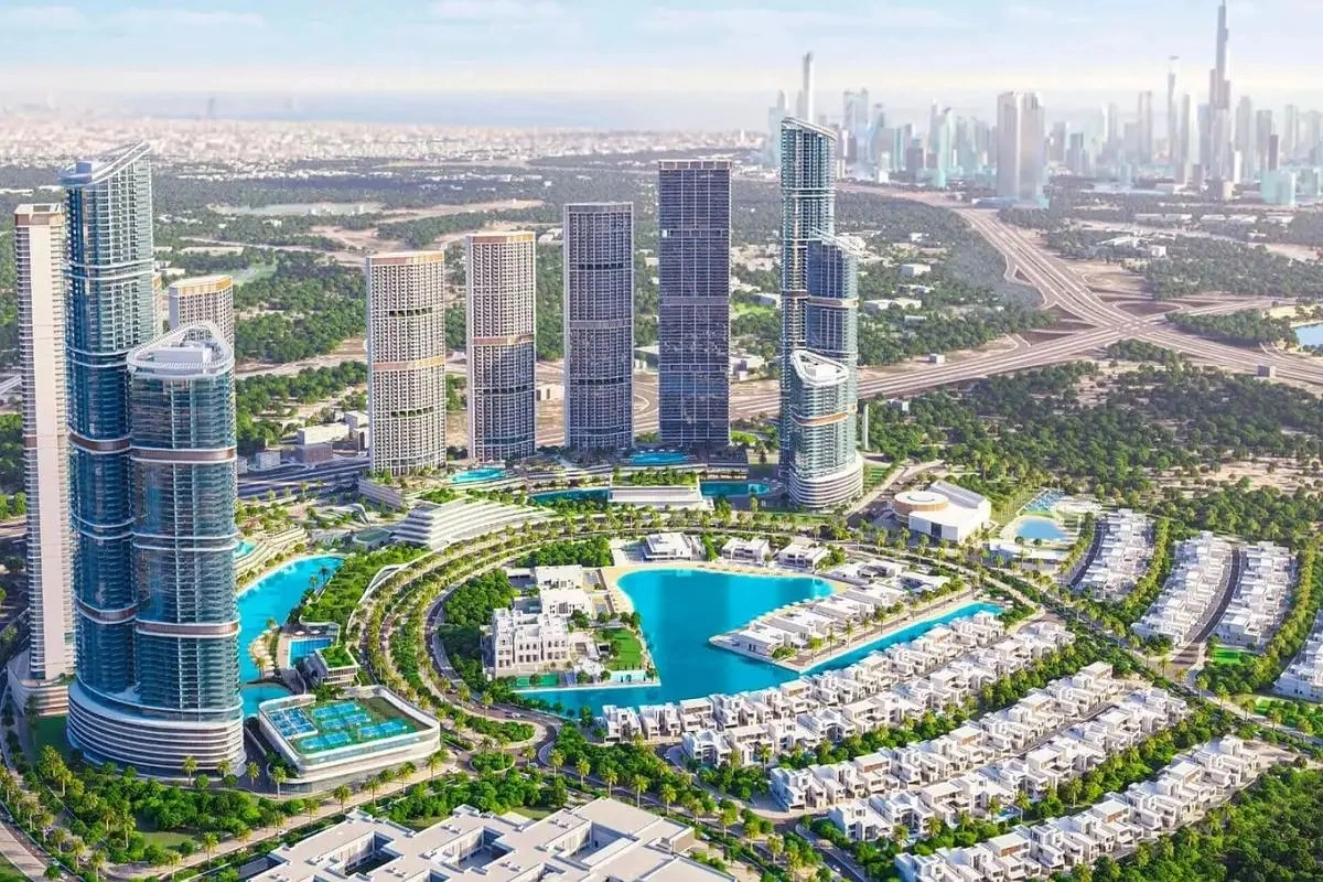 Aerial view of Sobha Hartland II master plan featuring high-rise residential towers, crystal lagoons, and villas in Dubai
