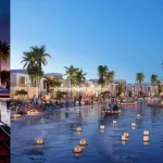 Waterfront lagoon featuring floating lanterns, gondola boat rides, and an outdoor floating cinema screen at DAMAC Riverside Lush Dubai