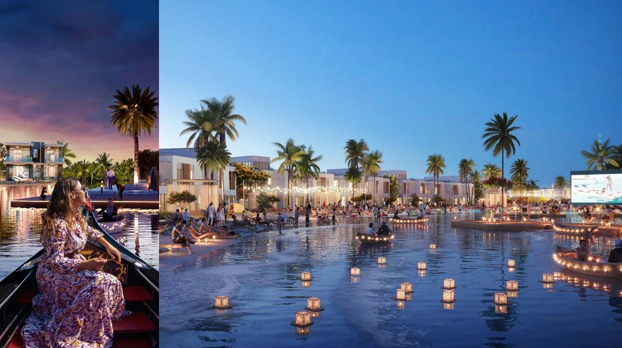 Waterfront lagoon featuring floating lanterns, gondola boat rides, and an outdoor floating cinema screen at DAMAC Riverside Lush Dubai