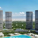 Skyline view of high-rise residential towers and crystal lagoon surrounded by green spaces at 350 Riverside Crescent, Sobha Hartland II, Dubai