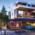 Modern 4 bedroom townhouse exterior with private parking and lush landscaping at Violet 3 in DAMAC Hills 2 Dubai