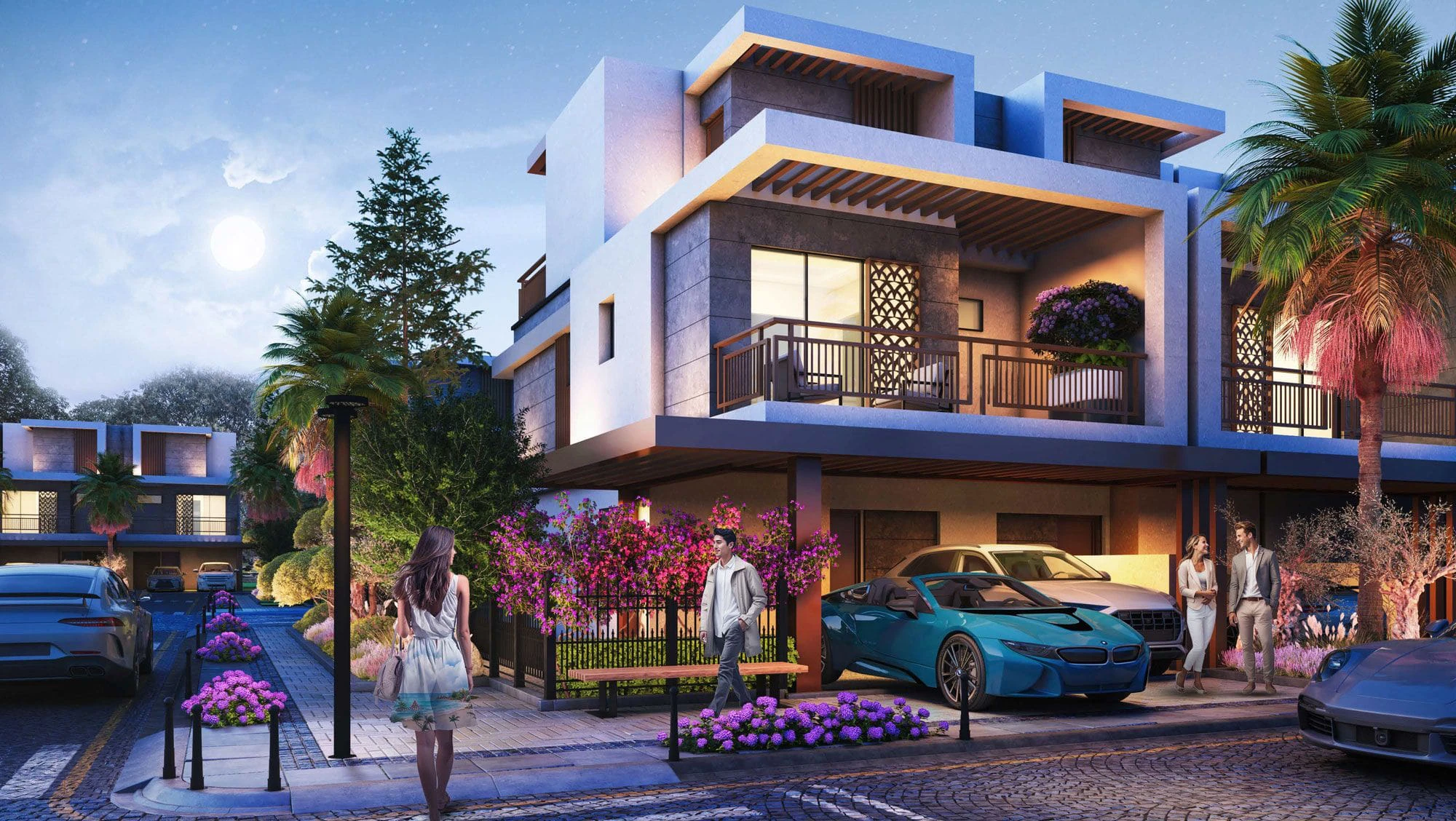 Modern 4 bedroom townhouse exterior with private parking and lush landscaping at Violet 3 in DAMAC Hills 2 Dubai