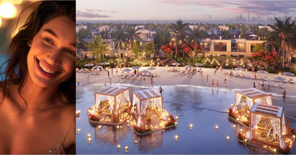 Illuminated floating cabanas on crystal lagoon beach with Dubai skyline view at DAMAC Riverside Lush