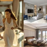 Collage showcasing family living, modern open-plan living room, and elegant bedroom interiors at DAMAC Riverside Lush Dubai