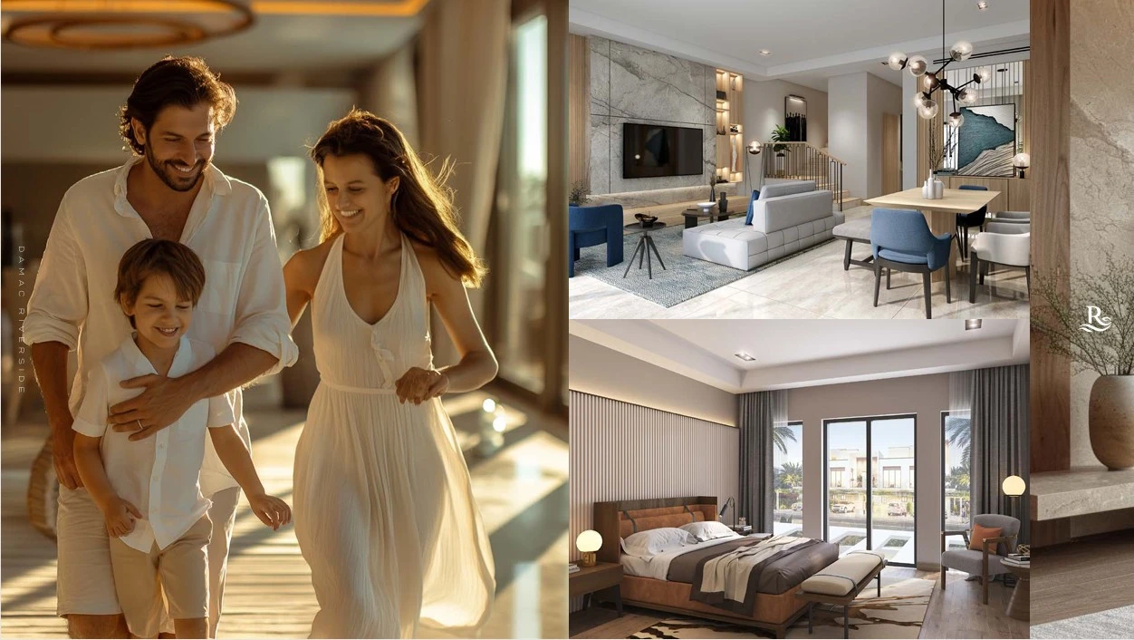 Collage showcasing family living, modern open-plan living room, and elegant bedroom interiors at DAMAC Riverside Lush Dubai