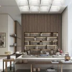 Modern resident lounge with seating area and library wall at 350 Riverside Crescent in Sobha Hartland II, Dubai