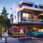 Contemporary 4 bedroom townhouse facade with covered carport and lush landscaping at Violet 3 in DAMAC Hills 2, Dubai