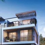 Modern townhouse upper exterior elevation showing private balconies and wooden pergolas at Violet 3 in DAMAC Hills 2, Dubai