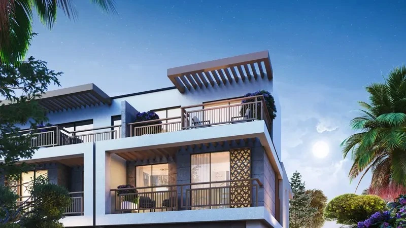Modern townhouse upper exterior elevation showing private balconies and wooden pergolas at Violet 3 in DAMAC Hills 2, Dubai