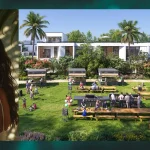 Community park lawn featuring BBQ grills, outdoor dining tables, food kiosks, and camping tents surrounded by green landscaping at DAMAC Riverside Lush Dubai