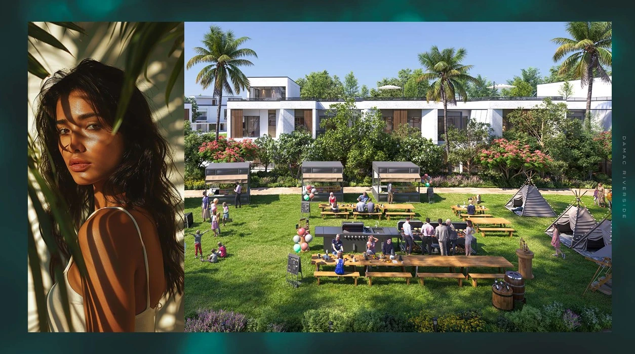 Community park lawn featuring BBQ grills, outdoor dining tables, food kiosks, and camping tents surrounded by green landscaping at DAMAC Riverside Lush Dubai