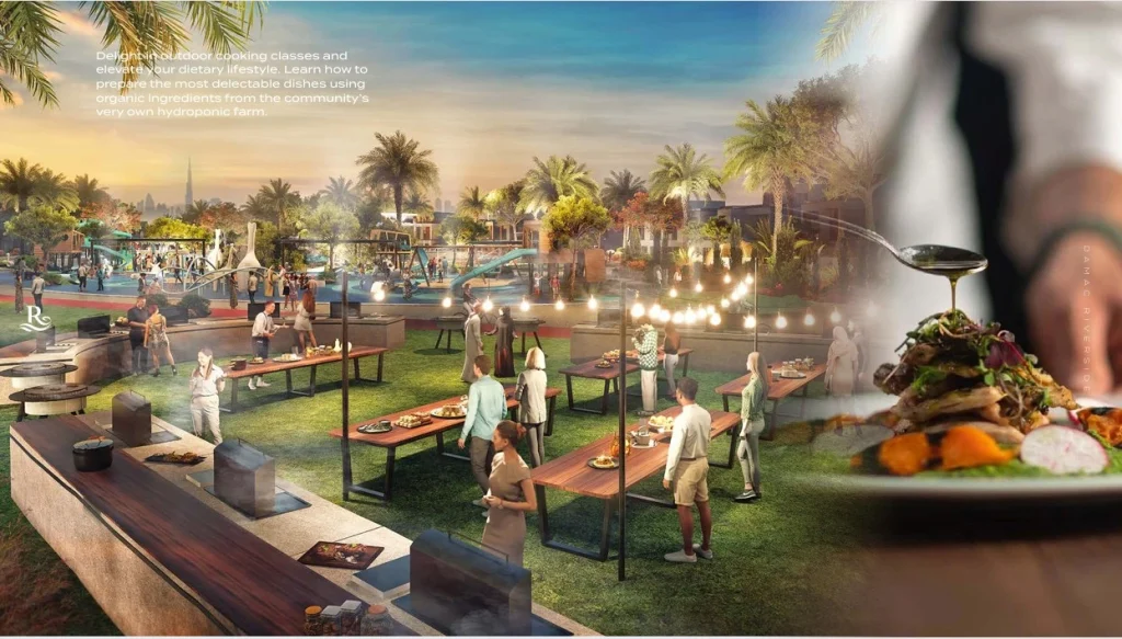Residents enjoying outdoor live cooking classes with fresh organic ingredients from hydroponic farm at DAMAC Riverside Lush Dubai