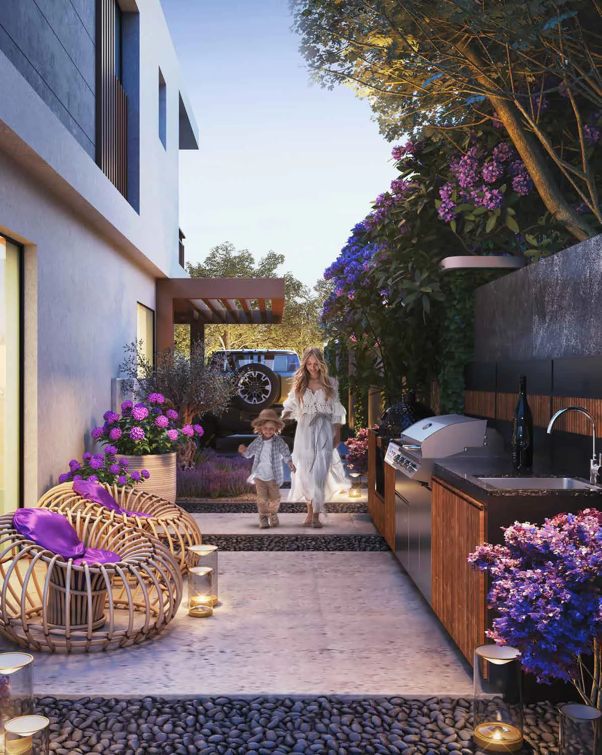 Private townhouse backyard with outdoor BBQ station, cozy seating, and floral landscaping at Violet 3 in DAMAC Hills 2