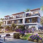 Townhouse backyard garden featuring private swimming pool, outdoor seating, and poolside deck at Violet 3 in DAMAC Hills 2, Dubai