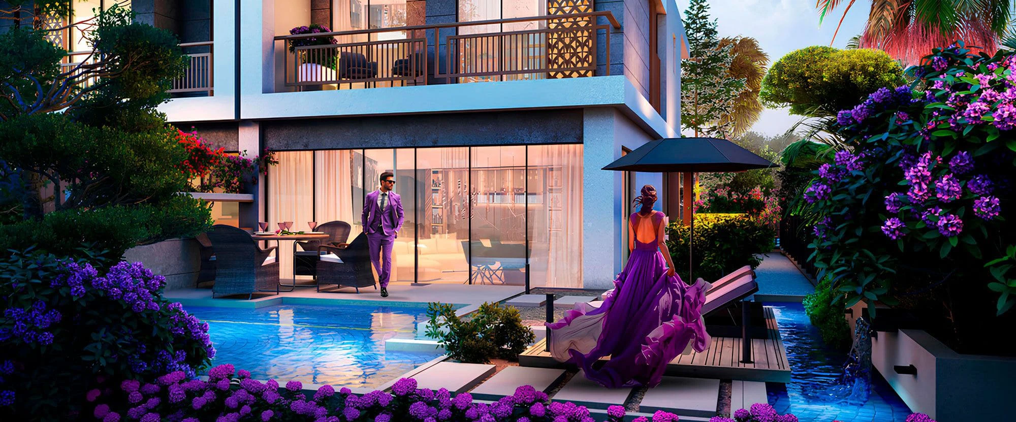 Townhouse backyard garden featuring private swimming pool, outdoor seating, and poolside deck at Violet 3 in DAMAC Hills 2, Dubai