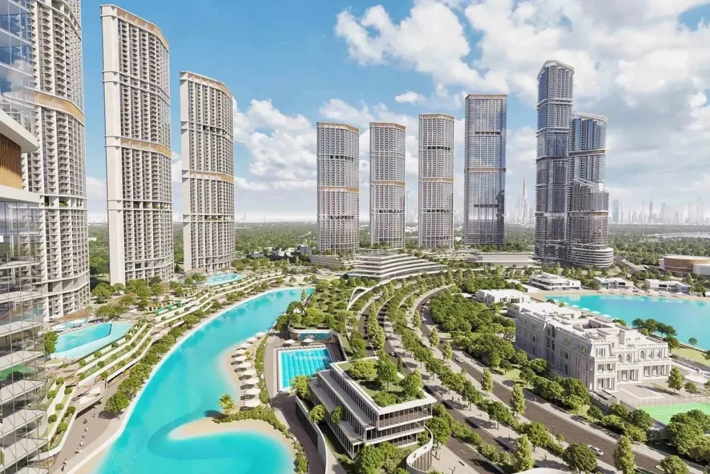 Exterior view of luxury high-rise towers, landscaped greenery, and crystal lagoons at Sobha Hartland II in Dubai.
