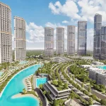 Exterior view of luxury high-rise towers, landscaped greenery, and crystal lagoons at Sobha Hartland II in Dubai.