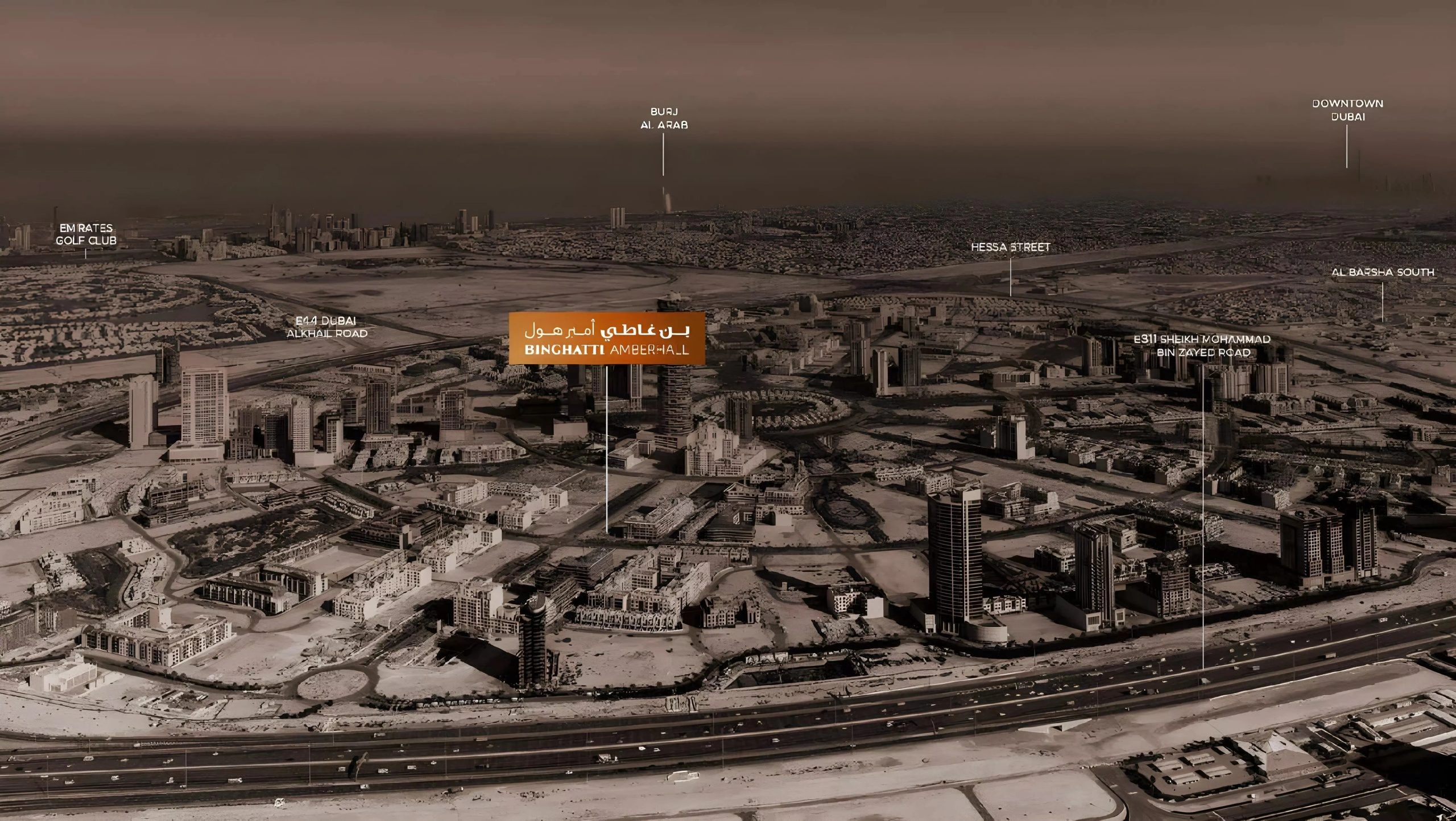 Aerial location map of Binghatti Amberhall in JVC showing nearby landmarks including Downtown Dubai, Burj Al Arab, and major highways, Dubai