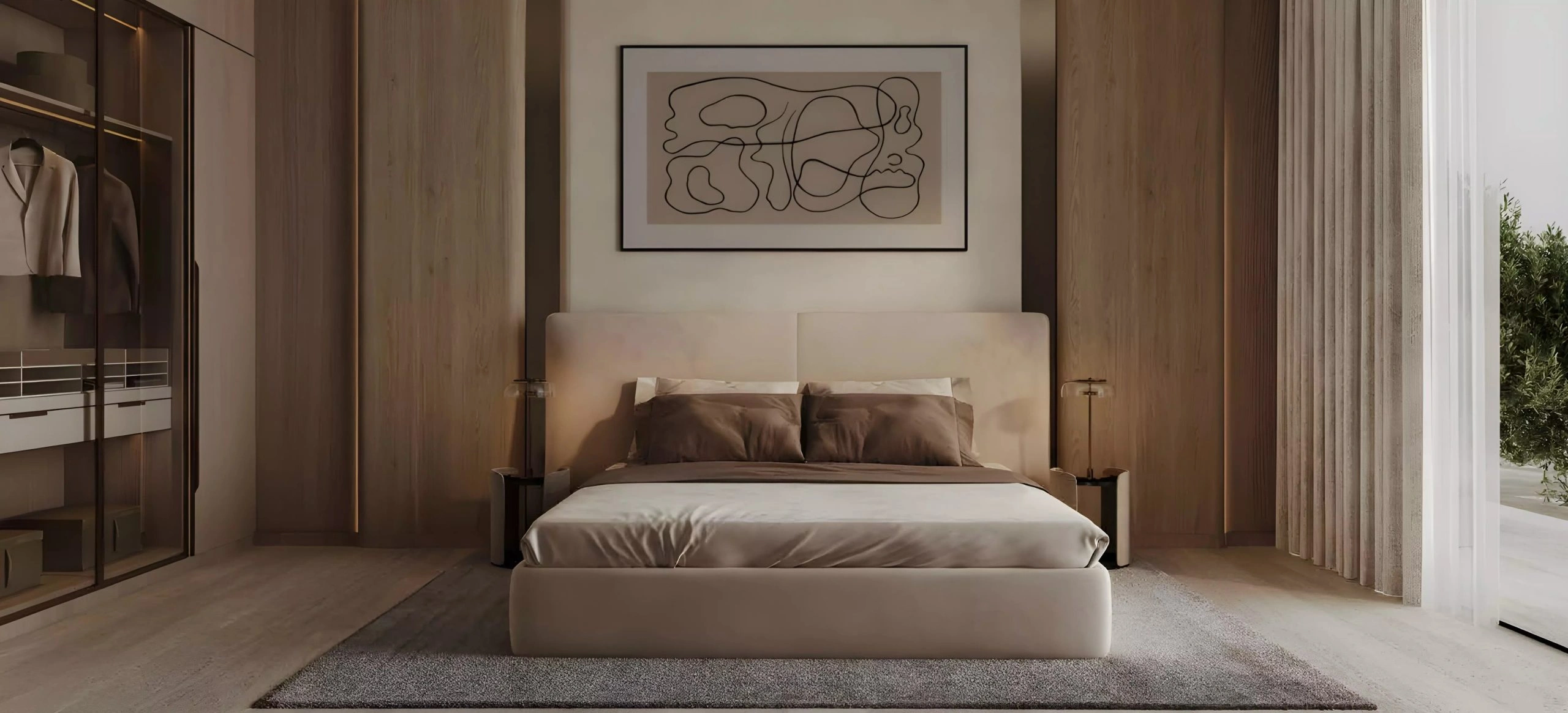 Modern luxury bedroom interior with double bed, built-in wardrobe, and minimalist decor at Binghatti Amberhall in Jumeirah Village Circle, Dubai