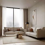 Spacious luxury living room with modern sofas and floor-to-ceiling windows at Binghatti Amberhall in Jumeirah Village Circle, Dubai