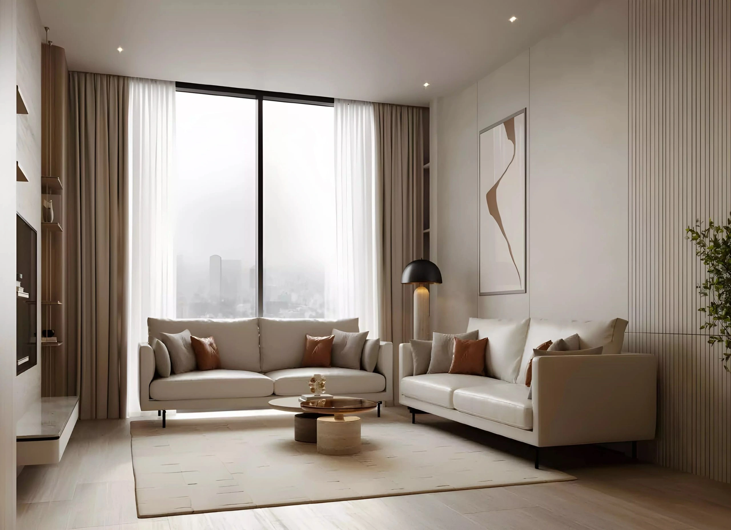 Spacious luxury living room with modern sofas and floor-to-ceiling windows at Binghatti Amberhall in Jumeirah Village Circle, Dubai